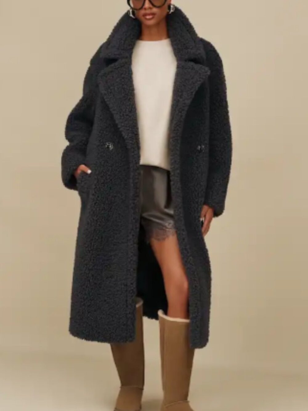 Oversized Long Teddy Coat | Charcoal Gray Plush Textured Statement Coat